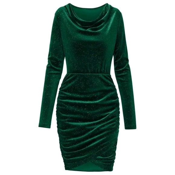 Green Glitter Draped Collar Long Sleeve Ruched Bodycon Mini Dress - Picture 8 of 13